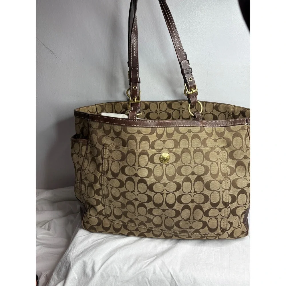 Coach Signature C Monogram Tote Bag Brown Leather Trim Gold Hardware - Picture 2 of 13